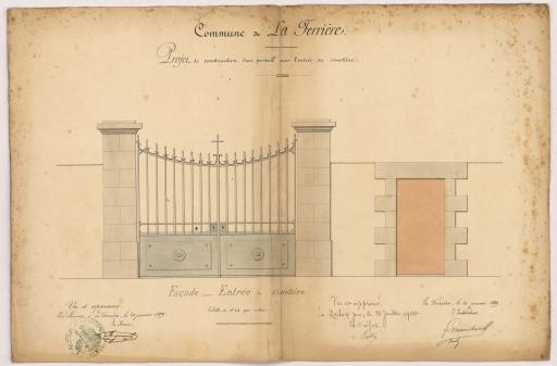 Projet de construction d'un portail pour l'entrée du cimetière : façade / Signé par l'instituteur, Marciteau.